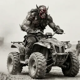 vertical movie frame with heavy furious warrior riding ancient wooden atv,  inspired by monster hunter and dark fantasy and fashion, strong blooded body,  brutal blooded  symmetrical face, epic,dramatic bright lighting, cinematic, establishing shot, extremely high detail, photorealistic,  brutal, provocative , cinematic lighting, artstation, octane render, dark fantasy ,old photo, vintage, black and white, Boris vallejo, sepia, old photography, documentary photography