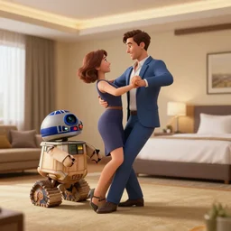 eric and r 2 d 2 dancing in a hotel room, very realistic, detailed, octane render