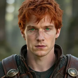 masterpiece closeup portrait of a young man with short red hair and green eyes, wearing adventuring gear, by Greg Rutkowski, 4k, masterpiece, cinematic, dungeons and dragons, detailed