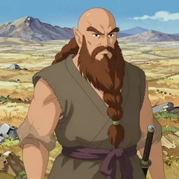 a bald warrior male dwarf with long brown braided beard in a barren mountainous landscape, art by yoshitaka amano