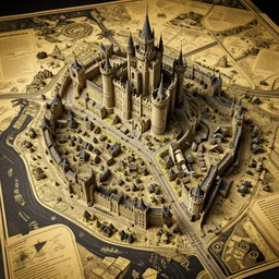 an exquisite 3 d map, black and yellow kraft paper, castle and street, intricate, highly detailed, epic, infographic, marginalia, unreal engine