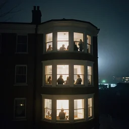 Spying into the windows of a small tower block from outside , observing the private lives of the human inhabitants, volumetric lighting shines through the misty nighttime sky , Kodak portra 400