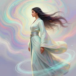 side profile, maya ali, wind sorcerer, dota character, fantasy, robes, elegant, highly detailed, concept art, smooth, colorful swirly magical ripples, pastel colors, by huang guangjian, sachin teng, greg rutkowski, jesper ejsing, ilya kuvshinov, artgerm, mucha