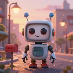 very beautiful portrait of an extremely cute and adorable 1 9 5 0 s style robot in a pixar style cartoon city at sunset, smooth, perfect face, surrounded by streetlamps and a mailbox, fantasy, character design by mark ryden and craola, intricate detail, cinematic lighting, hyperrealistic, 5 0 mm macro photography