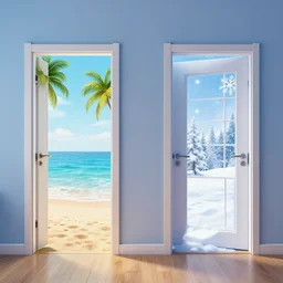 a room with two doors : behind one door is summer, behind the other is winter, digital art