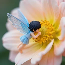 (very small anime Angel with blue transparent wings) kissing a big flower, hyper realism, macro shot