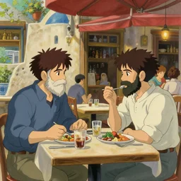two bearded friends having a lunch in a beautiful greek restaurant, finely detailed perfect art, painted by greg rutkowski mengo yokoyari, studio ghibli, artstation, ambient occlusion, beautiful lighting