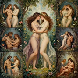 lilith and eve embracing their true femininity together while destroying the false masculinity in the world, garden of desire, pleasure, love, adam, venus sisterhood, illusion, illustration, various angles, various art styles