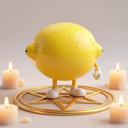 an anthropomorphic lemon standing on a pentacle surrounded by candles, highly detailed, 4k