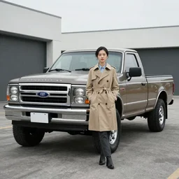 Photorealistic ford f100 wearing a trench coat