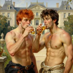 attractive muscular mike with ginger hair with muscular attractive tyler with brunet hair, drinking their hearts out, in their noble mansion. highly detailed painting by gaston bussiere, craig mullins, j. c. leyendecker, alphonse mucha 8 k