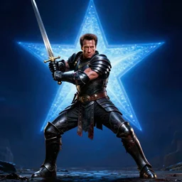 movie still frame, wide angle view, schwarzenegger as heroic fantasy armored knight with black armor covered in blood in epic pose, wielding sword, a blue shining star in the background, beautiful composition, 8 k, cgi, by ridley scott, zack snyder and michael bay