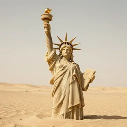 statue of liberty made of sand in the sahara desert