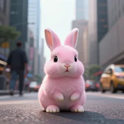 a cute small pink rabbit sitting in the middle of a busy street with skyscrapers, low angle camera, cinematic, very detailed, 8 k, depth of field
