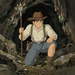 and at last, the end result of all the explorer's struggles, deep in the cavern, and with negative health, he has found what he has looking for in the gritty style of Studio Ghibli and 1960's americana