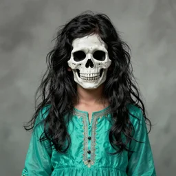little indian girl with long messy black hair wearing a sea green anarkali and a skull mask, creepy artwork by victoria maderna