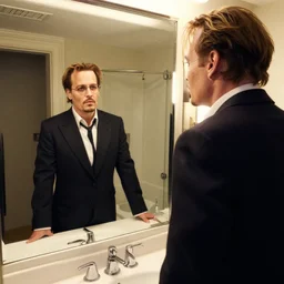 ultra wide angle photo of amber heard dressed in a armani wool tuxedo suit and tie, looking at herself in a bathroom mirror and seeing her reflection as johnny depp