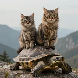 Portrait of two scruffy haired cats on a tall mountain sitting on a turtle, realistic, detailed, 4k by Greg Rutkowski Mark Arian trending on artstation