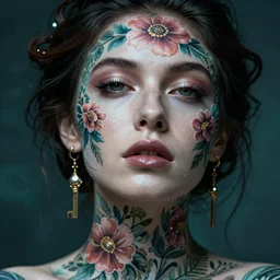 hyperrealistic hyper detailed close-up portrait of woman covered in rococo flower tattoos matte painting concept art key sage very dramatic dark teal lighting low angle hd sharp 35mm shallow depth of field 8k