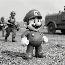 Super Mario at World War 2 battlefield, old grainy BW photo