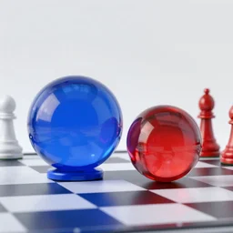 blue glass sphere and red glass sphere colliding over a chessboard, 4K render