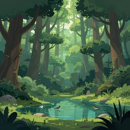 beautiful forest with twisting fantasy tress  and pond with birds, Digital Matte Illustration by rob Gonsalves