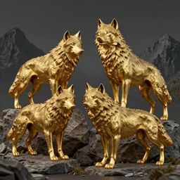 wolves and their treasures - golden sculptures of wolves in the mountains - dramatic lighting, highly detailed render, trending on artstation