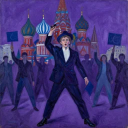 an oppositional protest in russia, dark purple cold colours, painting in style of kitsch movement