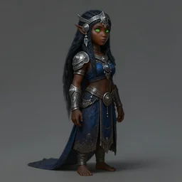 Beautiful Young Female Shaman, shamanistic dark blue clothes, ornamental, covered!, metal garments, dark brown skin, green supernatural eyes, looking across the shoulder, full body, cute!, extremely detailed!, high fantasy, matte painting, warcraft, by Rossdraws, James Jean, gerald brom, Andrey Ryabovichev, Mark Simonetti and Peter Morbacher, trending in artstation, artstationHD, artstationHQ, cgsociety, octane, 16K HD
