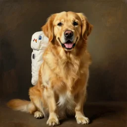 golden retriever cosmonaut!!!!, proudly posing for a portrait, painted by rembrandt, intricate, detailed, atmospheric lighting, golden hour.