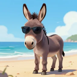 A donkey wearing cool sunglasses at the beach, digital art, in the style of André Ducci, artstation