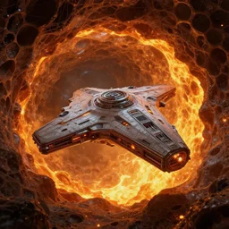 alien starship exiting molten honeycomb structure stargate, intricate detail, royo, whealan, giger, hd, 8 k, octane render, unreal engine,