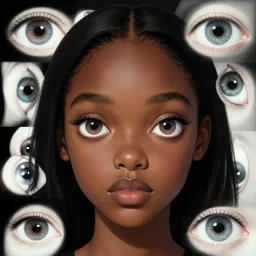 eyes!! a black girl with many eyes!, surreal art by colin christian and junji ito and and mc escher in a surreal portrait style, trypophobia! eyes, eyes everywhere, symmetry, eyes!, homicidal eyes, optical illusion, delicate and intricate, highly detailed, infinite intricacy