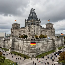 concrete berlin with huge fortress and buildings, grey sky, german flags on the walls, giant reichstag, crowd, hyperdetailed, artstation, cgsociety, 8 k