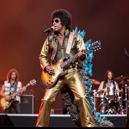 a person in a Godzilla costume as Jimi Hendrix performing on stage at Woodstock, photo