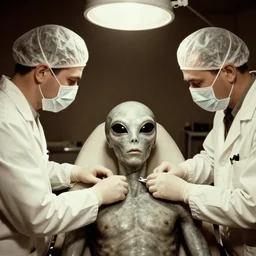 an alien autopsy, realistic, vintage, grainy, old style photo, sepia, dark, medical lighting, masked doctors, clear alien face, grey skin