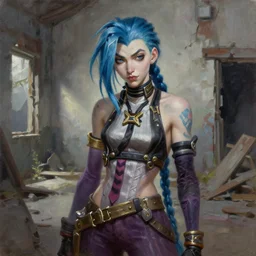 oil painting of jinx league of legends, standing in abandoned building, wearing formal uniform, in style of charlie bowater, detailed face,