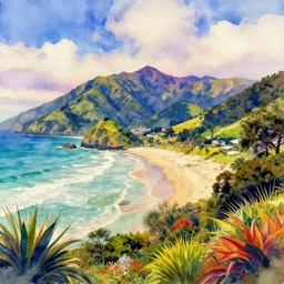 golden bay abel tasman new zealand in the style of psychedelic watercolor painting, digital art, high quality, highly detailed, high coherence,, concept art,  marterpiece
