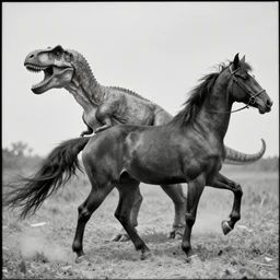 [ [ t rex ] ] and a horse with high heels, movement, soft, black and white, photograph, 1 8 5 0 s