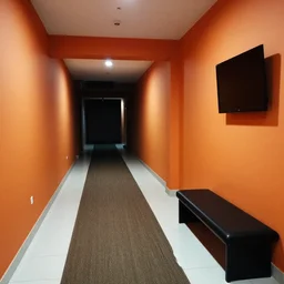 a hall with orange walls and white tile floor, a split carpet, a black bench on the right, and a tv hanging in the right upper corner. end of the alley is dark and hard to see.