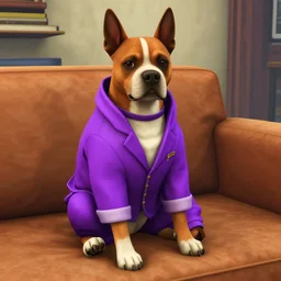 a dog wearing a purple suit sitting in a couch in gta v, in game 3 d render