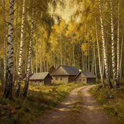 A beautiful painting of a small medieval settlement in the edge of a birch forest near a dirt road, dramatic composition, cinematic, concept art, golden ratio, matte painting, Marc Simonetti, Sergey Vasnev, Anato Finnstark, artstation, 8k, high resolution