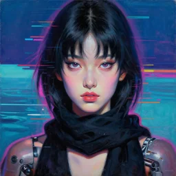 photorealism oil painting, portrait of cyborg glitch fashion model with beautiful eyes, black scarf, ocean glitch background mixed with generative art from artblock, in style of classicism mixed with 8 0 s japanese sci - fi books art