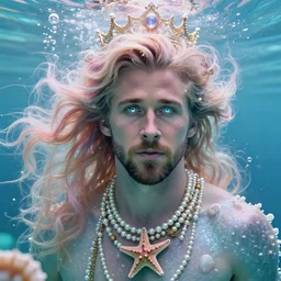 ryan gosling portrait, fantasy, mermaid, hyperrealistic, game character, underwater, highly detailed, sharp focus, cinematic lighting, pearls, glowing hair, shells, gills, crown, water, highlights, starfish, jewelry, realistic, digital art, pastel, magic, fiction, ocean, king, colorful hair, sparkly eyes, fish, heroic, god, waves, bubbles