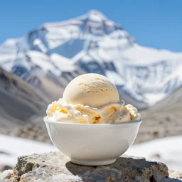 a bowl of ice cream is sitting on the peak of mount everest, clear focus, bokeh effect, high res
