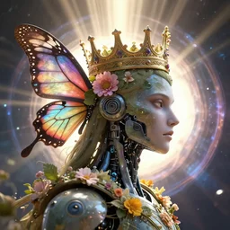 portrait of an ai robot king wearing a crown profile view portrait 4 k digital art 3 d render octane render, anime, two dimensional, looking to the side, butterfly wings, flowers, animalistic, natural, eerie, trending on artstation, artstation, high detail, god rays, sunray, diffusion, disollution, portal to outer space