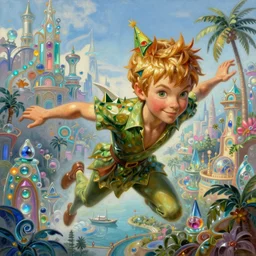 painted portrait of peter - panflying over fantasy tropical never - land city of wonders made from glass, fantasy intricate elegant extremely detailed digital painting trending artstation concept art sharp focus illustration art by gustave courbet greg rutkowski craig mullins
