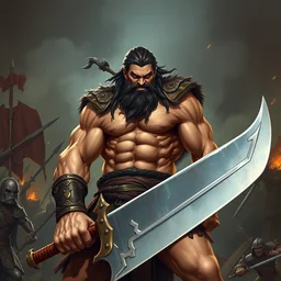 tall barbarian with rippling muscles holding a great sword, grimacing, in the middle of a war.
