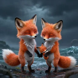 my little everything, happy brave magical cuteness, fantasy fox love, foxes holding hands side by side in the scary stormy sea, he holds her while she sleeps, hyper - realism, 8 k octane render