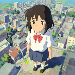 a cute giantess wearing school uniform standing in the city which seem small, bird's eye view, gouache, strong brush stroke, sharp focus, illustration, morandi color scheme, art station, by shinkai makoto